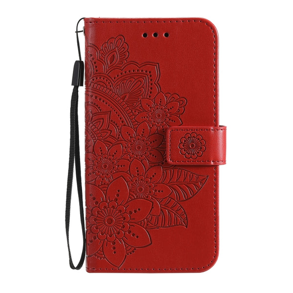 For iPhone 13 7-petal Flowers Embossing Pattern Horizontal Flip PU Leather Case with Holder ...(Red)