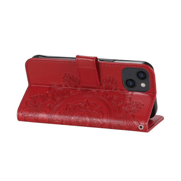 For iPhone 13 7-petal Flowers Embossing Pattern Horizontal Flip PU Leather Case with Holder ...(Red)