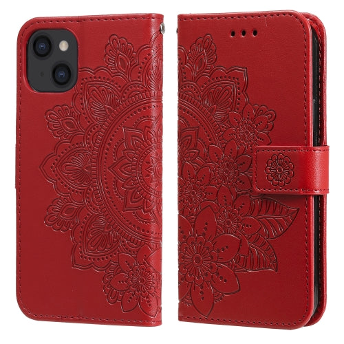 For iPhone 13 7-petal Flowers Embossing Pattern Horizontal Flip PU Leather Case with Holder ...(Red)