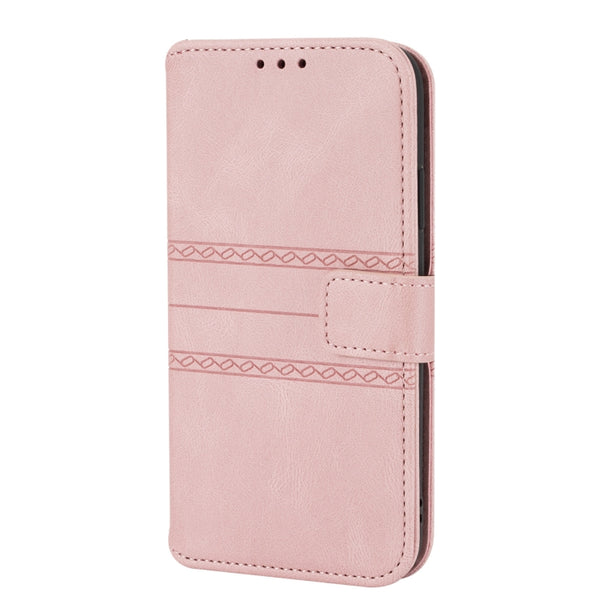 For iPhone XR Embossed Striped Magnetic Buckle PU TPU Horizontal Flip Leather Case with Hol...(Pink)
