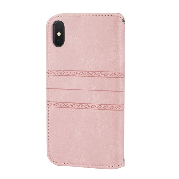 For iPhone XR Embossed Striped Magnetic Buckle PU TPU Horizontal Flip Leather Case with Hol...(Pink)