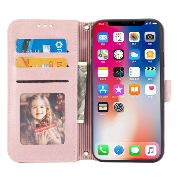 For iPhone XR Embossed Striped Magnetic Buckle PU TPU Horizontal Flip Leather Case with Hol...(Pink)