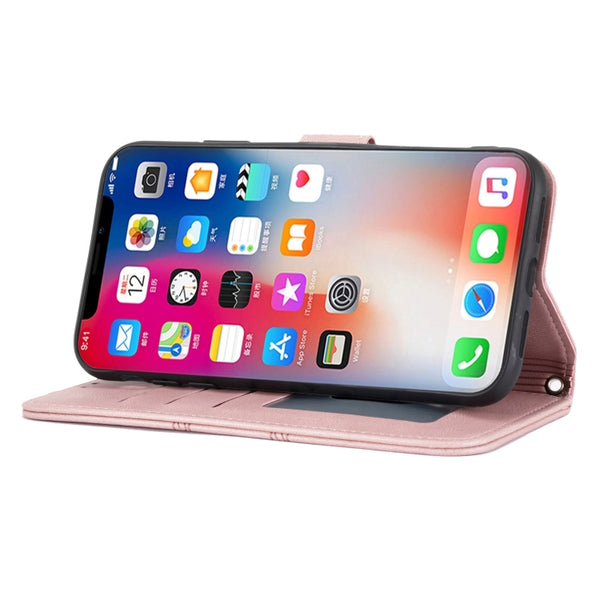 For iPhone XR Embossed Striped Magnetic Buckle PU TPU Horizontal Flip Leather Case with Hol...(Pink)