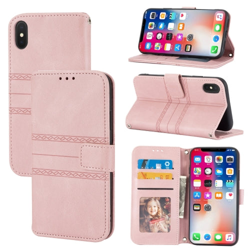 For iPhone XR Embossed Striped Magnetic Buckle PU TPU Horizontal Flip Leather Case with Hol...(Pink)