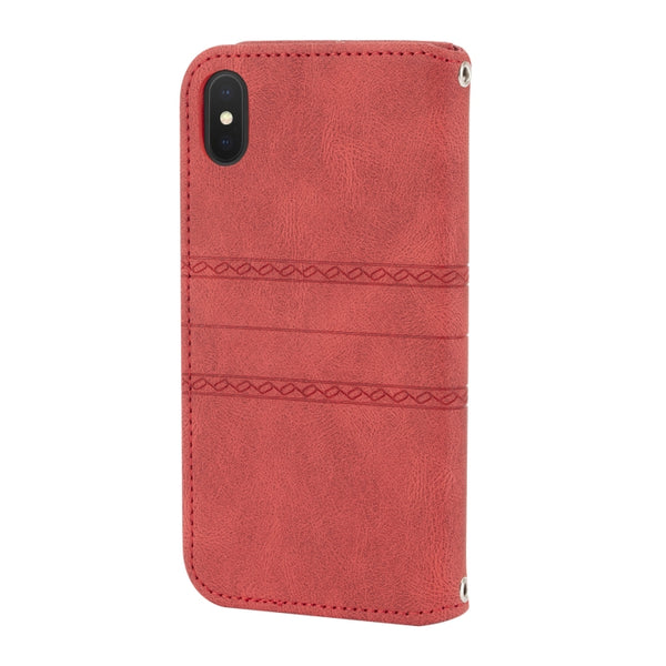 For iPhone XR Embossed Striped Magnetic Buckle PU TPU Horizontal Flip Leather Case with Hold...(Red)