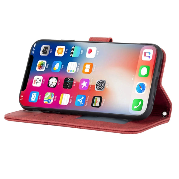 For iPhone XR Embossed Striped Magnetic Buckle PU TPU Horizontal Flip Leather Case with Hold...(Red)