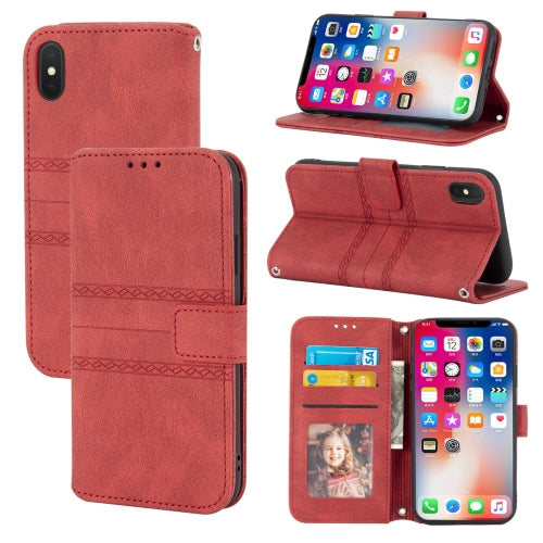 For iPhone XR Embossed Striped Magnetic Buckle PU TPU Horizontal Flip Leather Case with Hold...(Red)