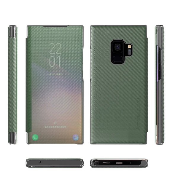 For Samsung Galaxy S9 Carbon Fiber Texture View Time Horizontal Flip Leather Case with Hol...(Green)