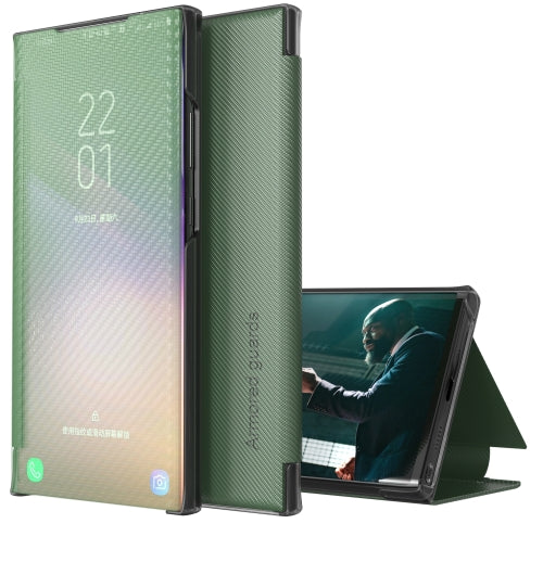 For Samsung Galaxy S9 Carbon Fiber Texture View Time Horizontal Flip Leather Case with Hol...(Green)