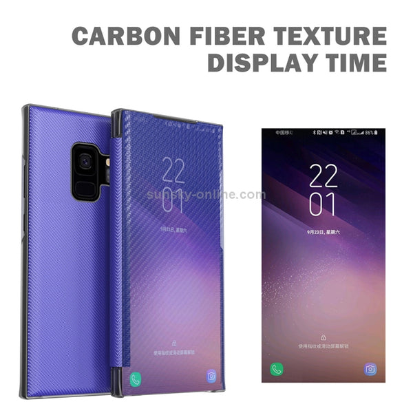 For Samsung Galaxy S9 Carbon Fiber Texture View Time Horizontal Flip Leather Case with Hol...(Green)