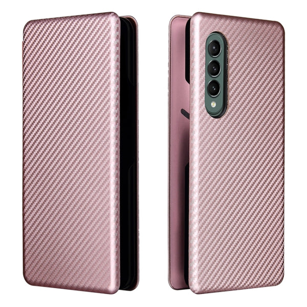 For Samsung Galaxy Z Fold3 5G Carbon Fiber Texture Horizontal Flip TPU PC PU Leather Case w...(Pink)