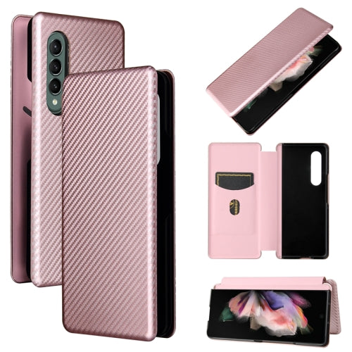 For Samsung Galaxy Z Fold3 5G Carbon Fiber Texture Horizontal Flip TPU PC PU Leather Case w...(Pink)