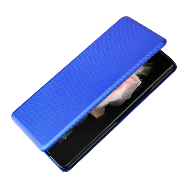 For Samsung Galaxy Z Fold3 5G Carbon Fiber Texture Horizontal Flip TPU PC PU Leather Case w...(Blue)