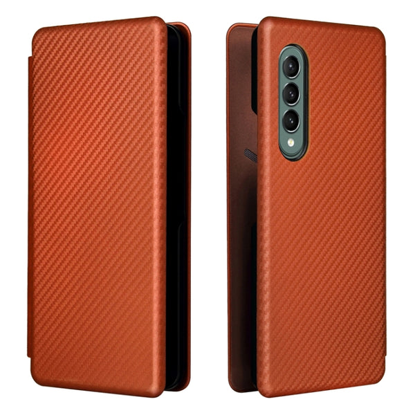 For Samsung Galaxy Z Fold3 5G Carbon Fiber Texture Horizontal Flip TPU PC PU Leather Case ...(Brown)