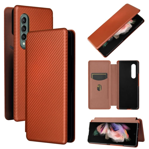 For Samsung Galaxy Z Fold3 5G Carbon Fiber Texture Horizontal Flip TPU PC PU Leather Case ...(Brown)