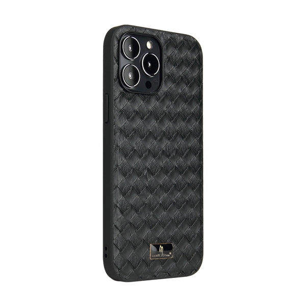 For iPhone 13 Pro Fierre Shann Leather Texture Phone Back Cover Case (Woven Black)