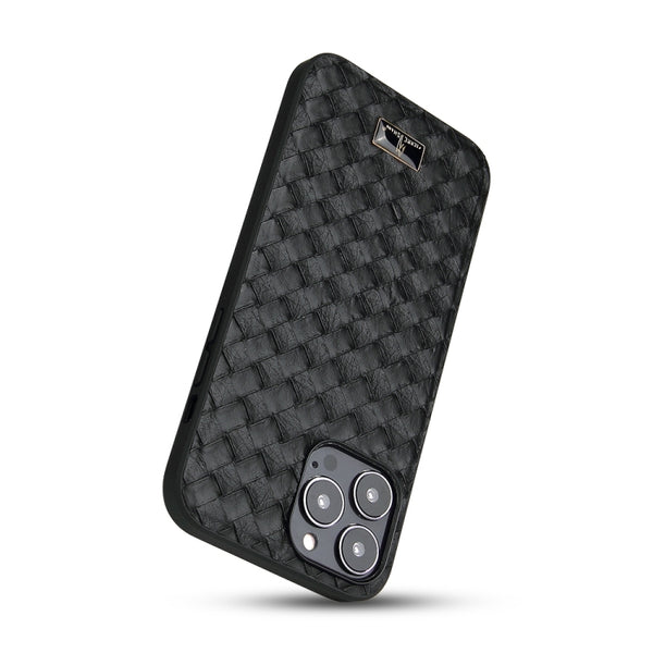 For iPhone 13 Pro Fierre Shann Leather Texture Phone Back Cover Case (Woven Black)