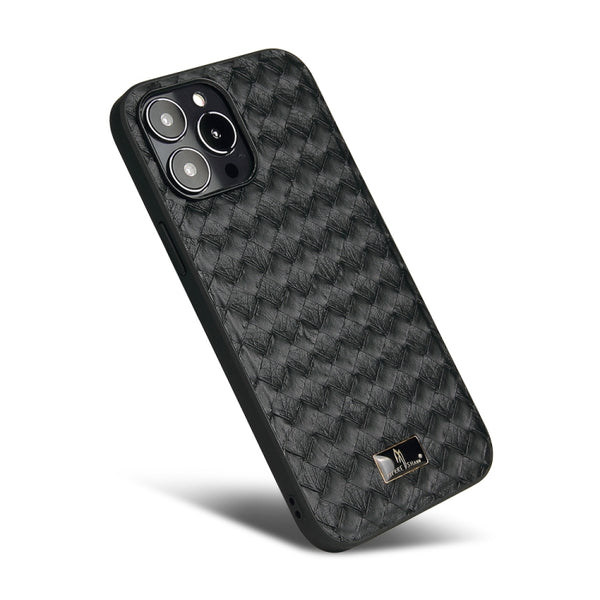 For iPhone 13 Pro Fierre Shann Leather Texture Phone Back Cover Case (Woven Black)