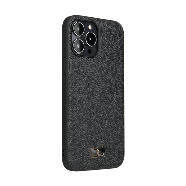 For iPhone 13 Pro Fierre Shann Leather Texture Phone Back Cover Case (Lychee Black)