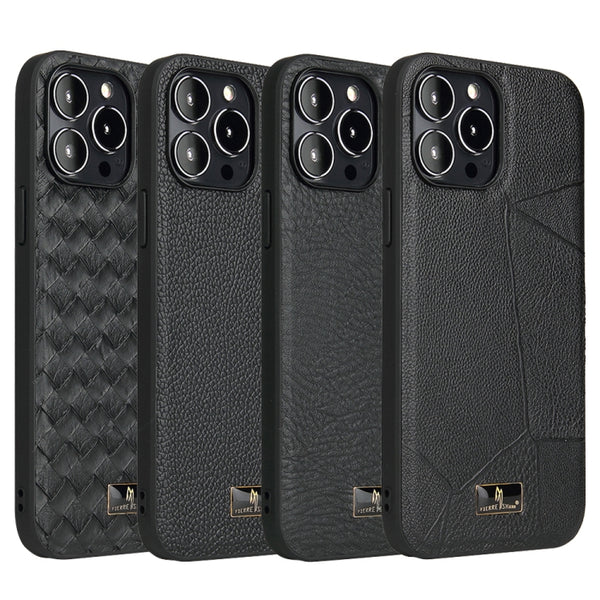 For iPhone 13 Pro Max Fierre Shann Leather Texture Phone Back Cover Case (Woven Black)