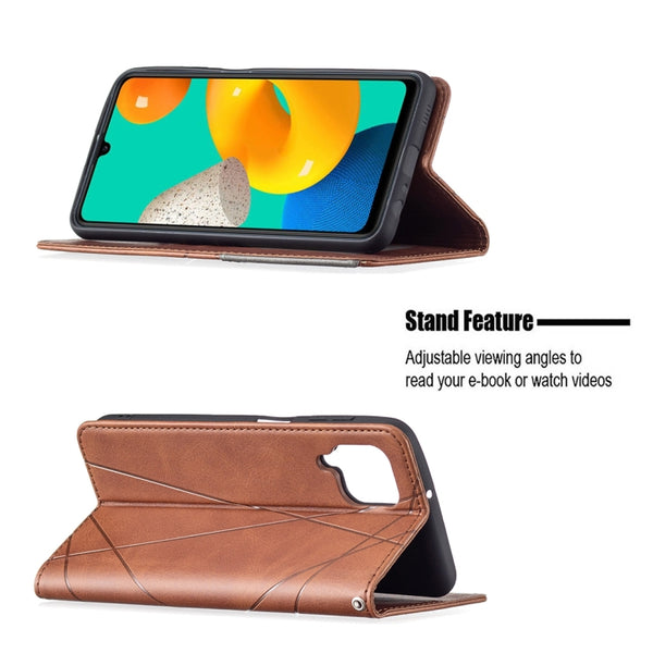 For Samsung Galaxy M32 Rhombus Texture Horizontal Flip Magnetic Leather Case with Holder &...(Brown)