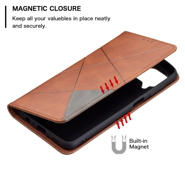 For Samsung Galaxy M32 Rhombus Texture Horizontal Flip Magnetic Leather Case with Holder &...(Brown)