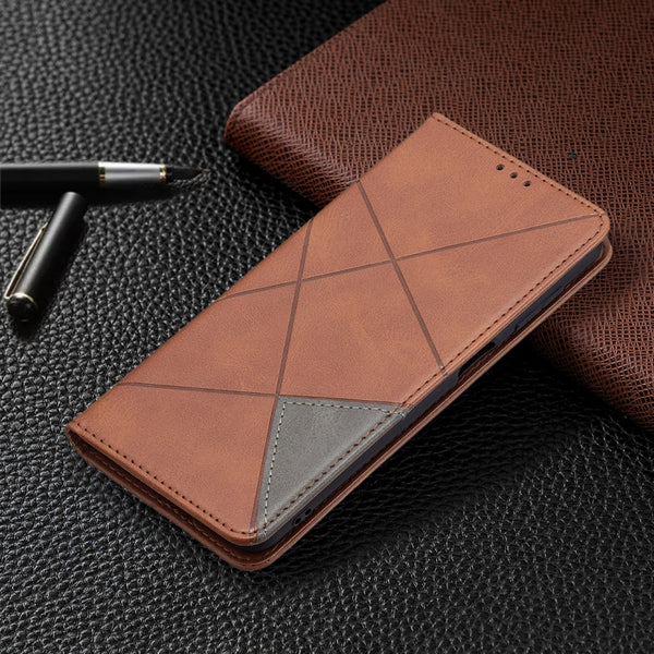 For Samsung Galaxy M32 Rhombus Texture Horizontal Flip Magnetic Leather Case with Holder &...(Brown)