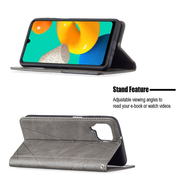 For Samsung Galaxy M32 Rhombus Texture Horizontal Flip Magnetic Leather Case with Holder & ...(Grey)