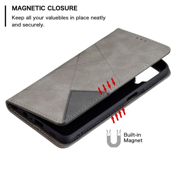 For Samsung Galaxy M32 Rhombus Texture Horizontal Flip Magnetic Leather Case with Holder & ...(Grey)