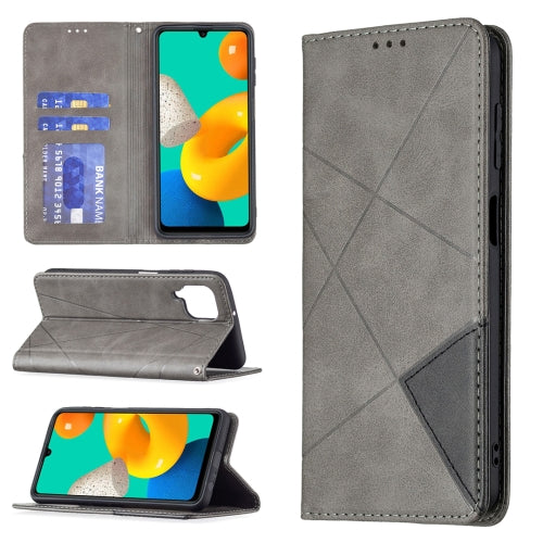 For Samsung Galaxy M32 Rhombus Texture Horizontal Flip Magnetic Leather Case with Holder & ...(Grey)