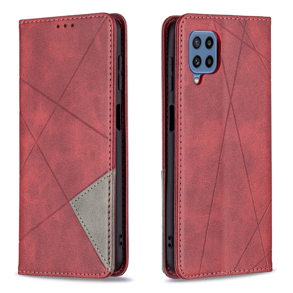For Samsung Galaxy M32 Rhombus Texture Horizontal Flip Magnetic Leather Case with Holder & C...(Red)