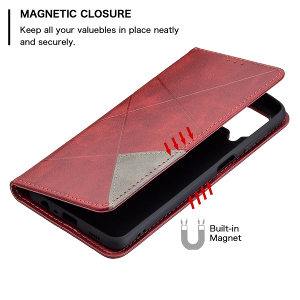 For Samsung Galaxy M32 Rhombus Texture Horizontal Flip Magnetic Leather Case with Holder & C...(Red)