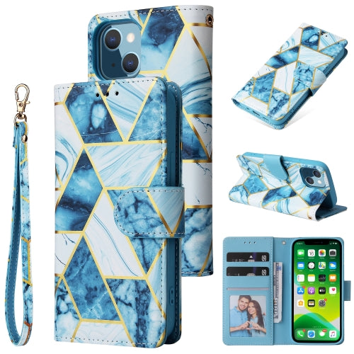 For iPhone 13 mini Marble Bronzing Stitching Horizontal Flip PU Leather Case with Holder & ...(Blue)