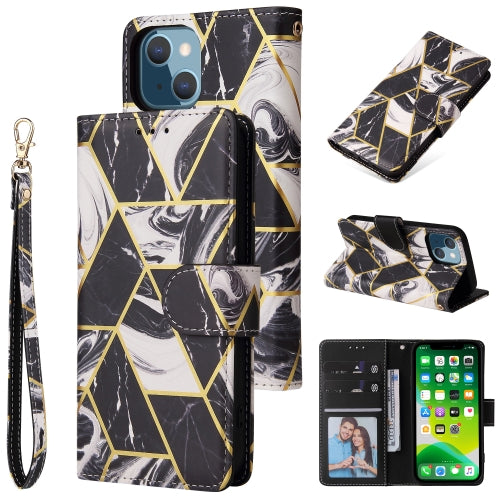 For iPhone 13 Marble Bronzing Stitching Horizontal Flip PU Leather Case with Holder & Card...(Black)