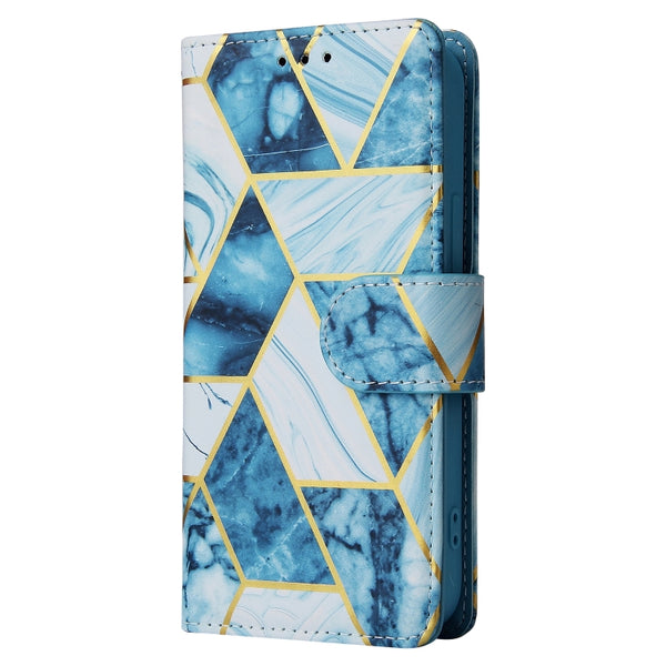 For iPhone 13 Marble Bronzing Stitching Horizontal Flip PU Leather Case with Holder & Card ...(Blue)