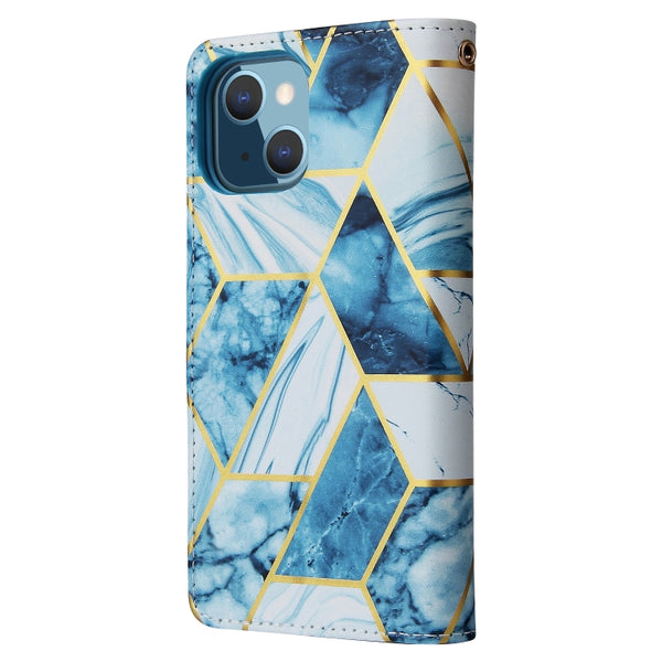 For iPhone 13 Marble Bronzing Stitching Horizontal Flip PU Leather Case with Holder & Card ...(Blue)