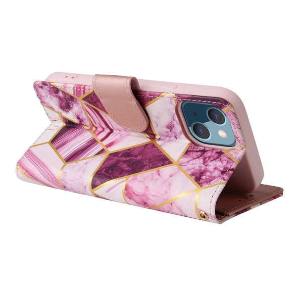 For iPhone 13 Marble Bronzing Stitching Horizontal Flip PU Leather Case with Holder & Car...(Purple)