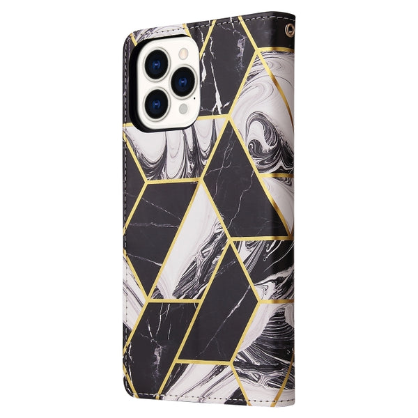 For iPhone 13 Pro Marble Bronzing Stitching Horizontal Flip PU Leather Case with Holder & ...(Black)