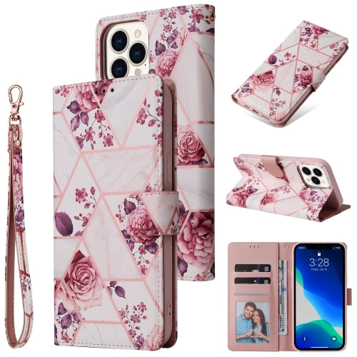 For iPhone 13 Pro Marble Bronzing Stitching Horizontal Flip PU Leather Case with Holde...(Rose Gold)