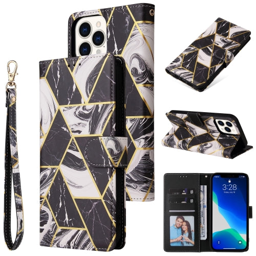 For iPhone 13 Pro Max Marble Bronzing Stitching Horizontal Flip PU Leather Case with Holde...(Black)