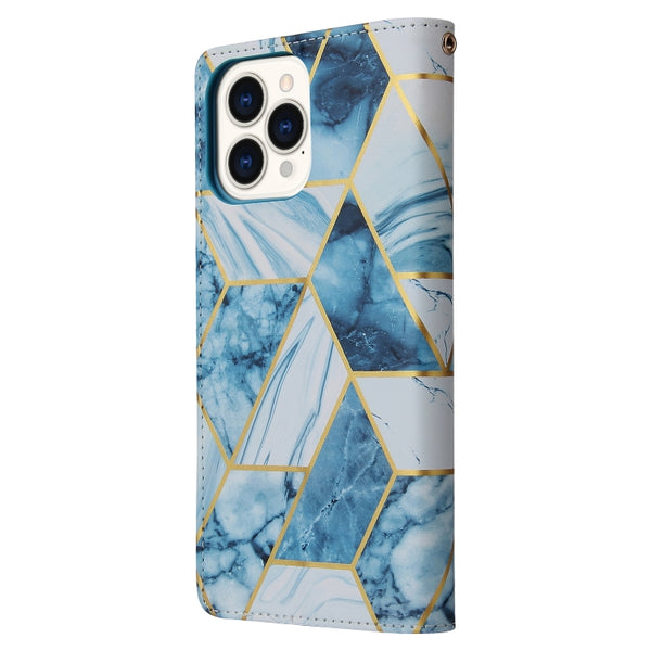 For iPhone 13 Pro Max Marble Bronzing Stitching Horizontal Flip PU Leather Case with Holder...(Blue)