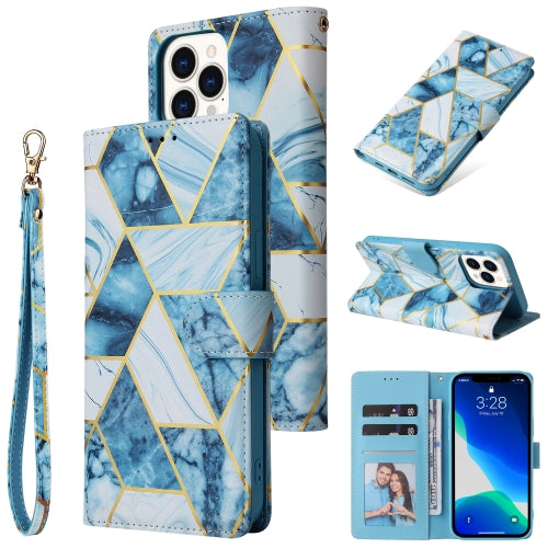 For iPhone 13 Pro Max Marble Bronzing Stitching Horizontal Flip PU Leather Case with Holder...(Blue)
