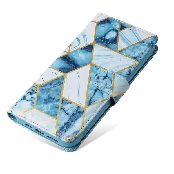 For iPhone 13 Pro Max Marble Bronzing Stitching Horizontal Flip PU Leather Case with Holder...(Blue)