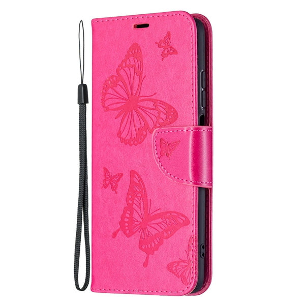 For Xiaomi Redmi 10 Two Butterflies Embossing Pattern Horizontal Flip Leather Case with...(Rose Red)