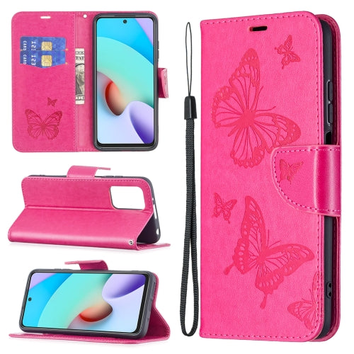 For Xiaomi Redmi 10 Two Butterflies Embossing Pattern Horizontal Flip Leather Case with...(Rose Red)