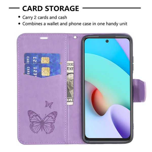 For Xiaomi Redmi 10 Two Butterflies Embossing Pattern Horizontal Flip Leather Case with H...(Purple)