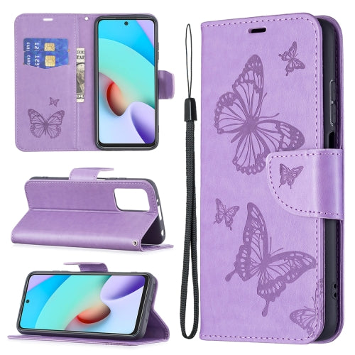 For Xiaomi Redmi 10 Two Butterflies Embossing Pattern Horizontal Flip Leather Case with H...(Purple)