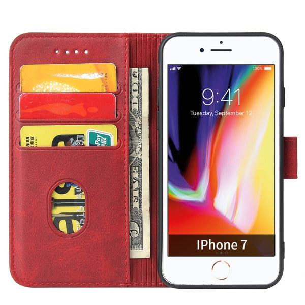 For iPhone SE 2022 SE 2020 8 7 Calf Texture Buckle Horizontal Flip Leather Case with Holder ...(Red)