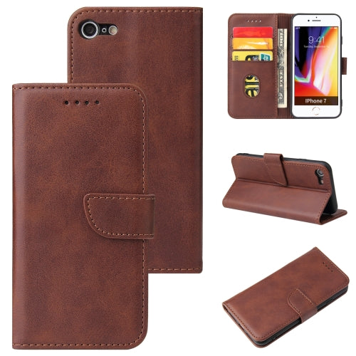 For iPhone SE 2022 SE 2020 8 7 Calf Texture Buckle Horizontal Flip Leather Case with Holde...(Brown)