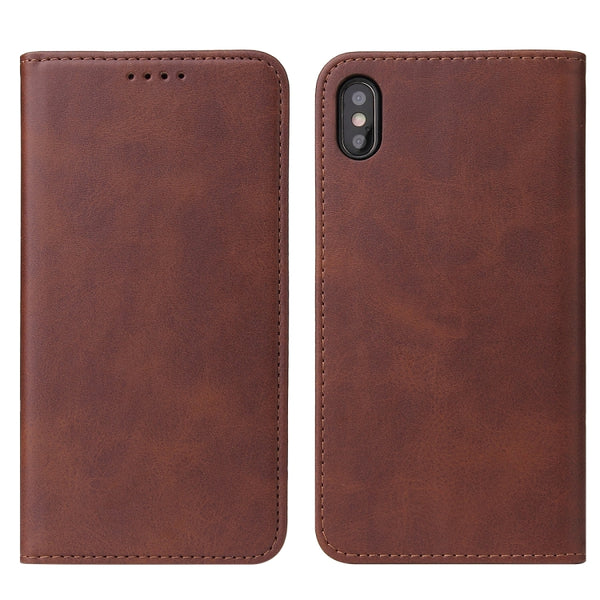 For iPhone X XS Calf Texture Magnetic Horizontal Flip Leather Case with Holder & Card Slot...(Brown)